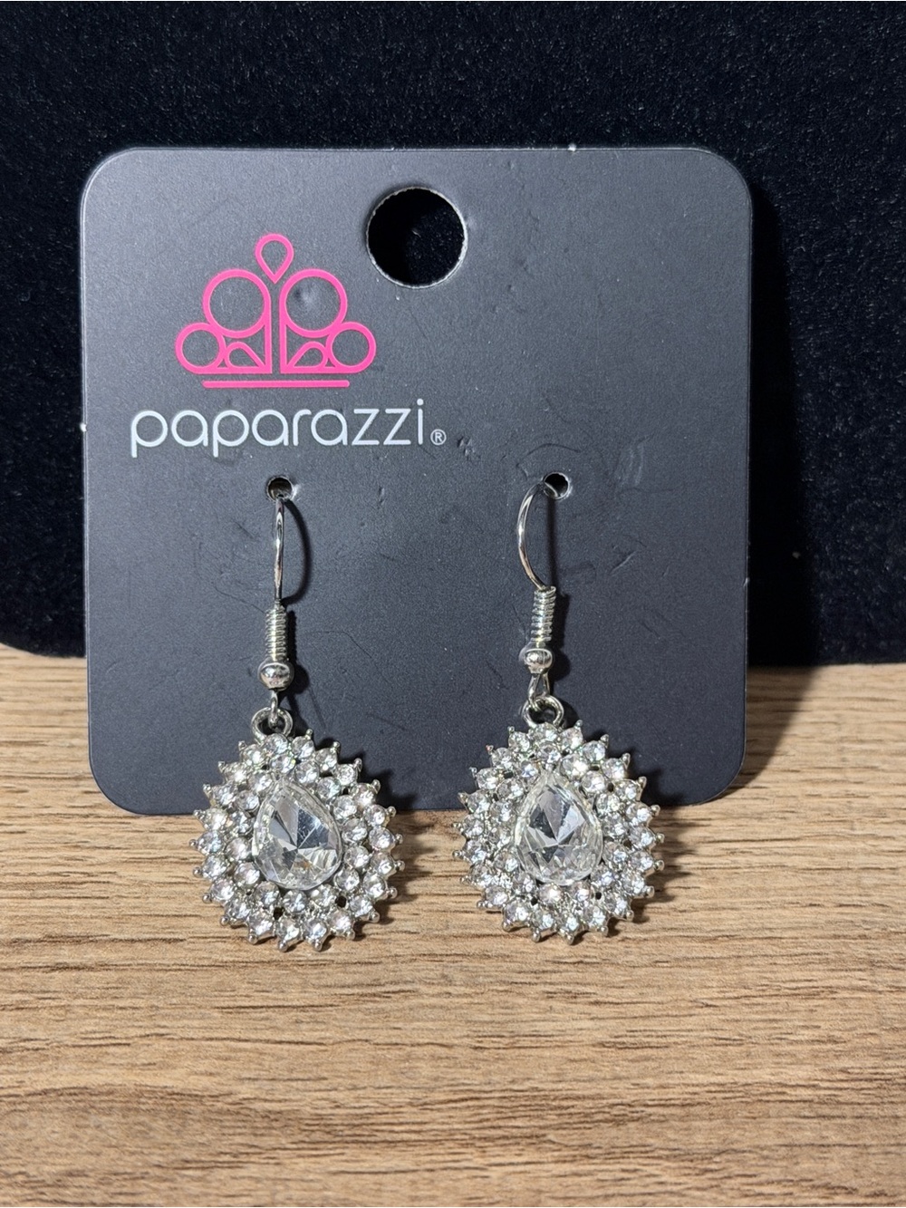 paparazzi Silver Clear Teardrop Halo Dangle Earrings
